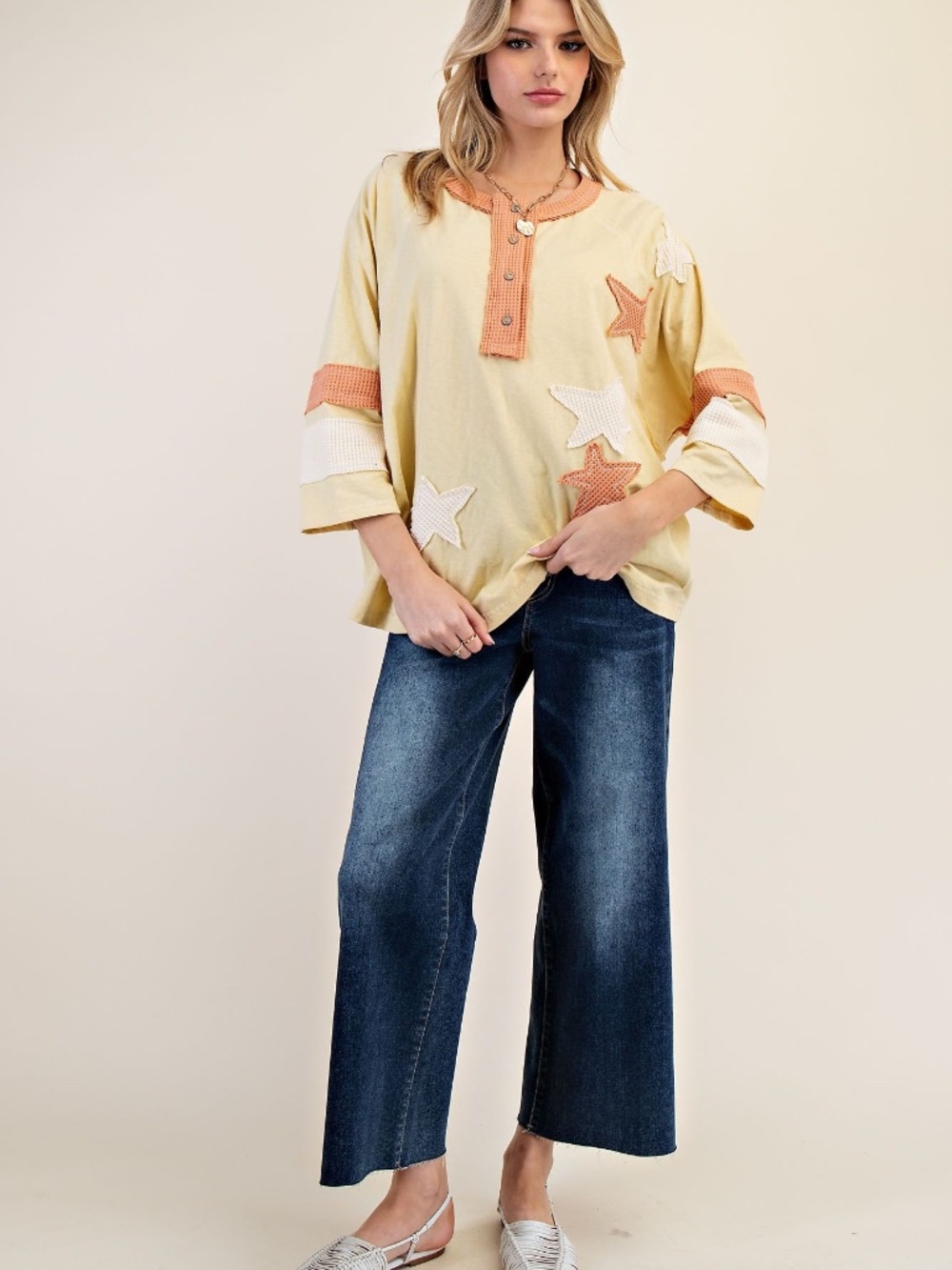NEW EASEL STAR PATCH HENLEY TOP LIGHTWEIGHT PULLOVER 1/4 BUTTON SHIRT OVERSIZED - Picture 4 of 10